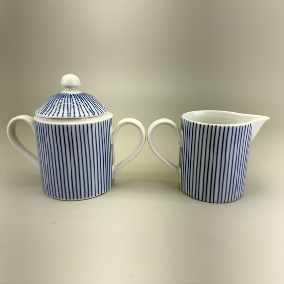 Fitz and Floyd Les Bands Blue and White Striped Sugar Creamer Set - Picture 7 of 15